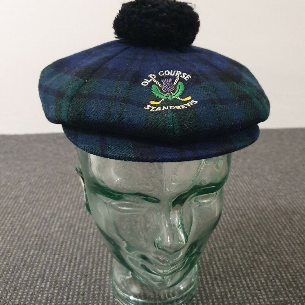 🔶️EARLY VINTAGE OLD COURSE ST. ANDREWS HAT CAP GOLF BLACK WATCH TARTAN POM-POM